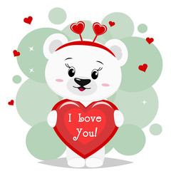Sweet polar bear in a red bow is worth and keeps in the clutches of a red heart with an inscription, in the style of cartoons.