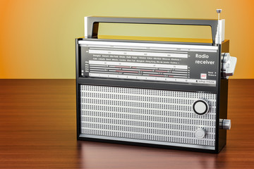 radio receiver on the wooden table, 3D rendering