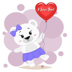 Polar bear with a purple bow holds a red ball in the paws, in the style of cartoons.