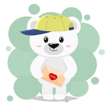The polar bear in the baseball cap stands and holds a letter with a heart in its paws, in the style of cartoons.