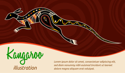 Kangaroo. Aboriginal style. Vector abstract color illustration. Flyer, card template.
