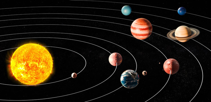 Sun and planets of the solar system, 3D rendering