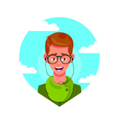 Young man with fashion eyeglasses listen the music, sky and clouds on background, vector illustration isolated on white background
