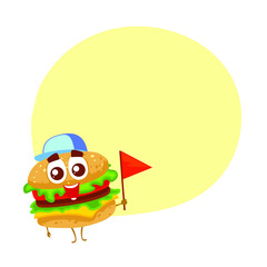 Vector fanny character of burger with cap and flag. Isolated on white background with place for text