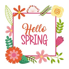 hello spring card lettering text frame flowers decoration vector illustration