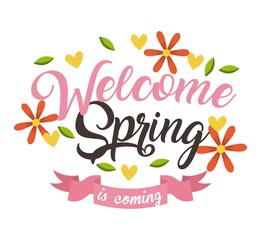 Obraz premium welcome spring is coming floral ribbon decorative vector illustration