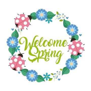 wreath flowers ladybugs welcome spring decoration vector illustration