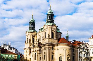 Beautiful baroque architecture. Part of UNESCO World Heritage Site. Prague St. Nicholas Church, Chram Svateho Mikulase, Old Town Square, Staromestske namesti, Mala Strana part Praha, Czech Republic.