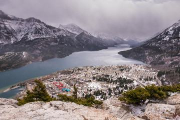 Aerial view of Waterton Lakes from the Bear's Hump.