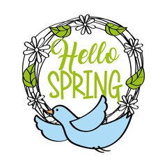 hello spring greeting card blue bird wreath floral vector illustration