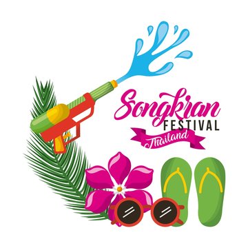 songkran festival thailand card with water gun flower sunglasses flip flop vector illustration