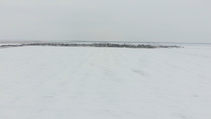 Top view of a plowed field in winter. A field of wheat in the snow.