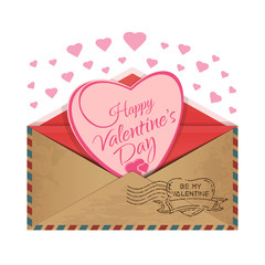 Postal envelope with a heart inside. Love message. Romantic design for Valentines Day. Be my Valentine. Vector illustration