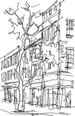 architectural sketch of a business street with tree and buildings with windows and people walking around