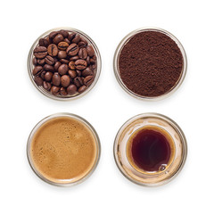 Espresso glasses filled with beans, ground coffee and freshly brewed coffee.