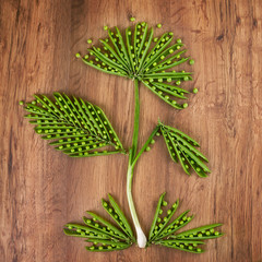 green peas, open pea sticks