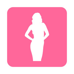 Icono plano silueta chica desnuda de pie en cuadrado rosa