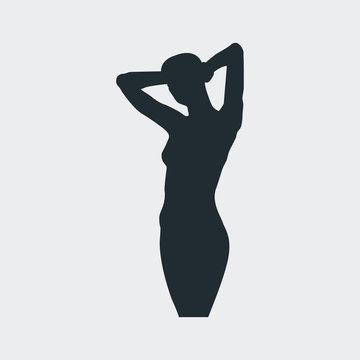 Icono plano silueta chica desnuda de pie en fondo gris