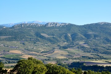 Landscape made of trees, fields and meadows, with mountains and the "Mont Ventoux" in the background, in Drôme Provencale, in France.