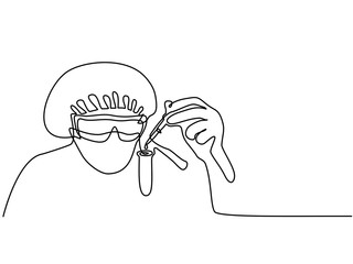 Scientist woman investigate solution in vitro in laboratory. Continuous line drawing. Vector illustration on white background