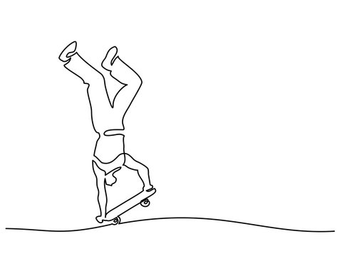 Continuous line drawing. Boy riding skateboard on hands. Vector Illustration