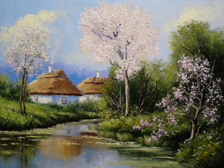 Village, rural oil paintings landscape, fine art. Spring.