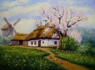 Village, rural oil paintings landscape, fine art. Spring.