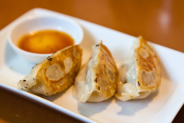 Close-up Gyoza or Pot Stickers With Dipping Sauce