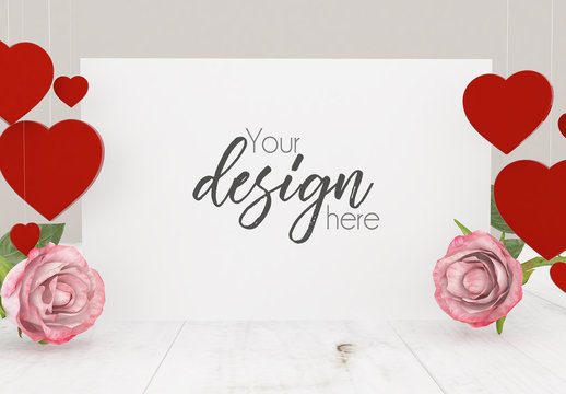 Card Mockup with Hanging Hearts and Pink Flowers