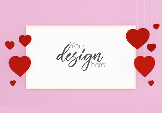 Valentine's Day Card Mockup with Hanging Red Hearts on Pink Background