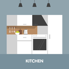 Modern interior room in white tones. Kitchen utensils and appliances. Flat isolated cartoon illustration.