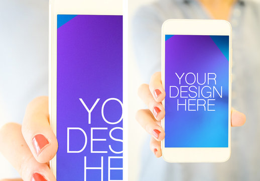 Hand with Nail Polish Holding Smartphone Mockup 1