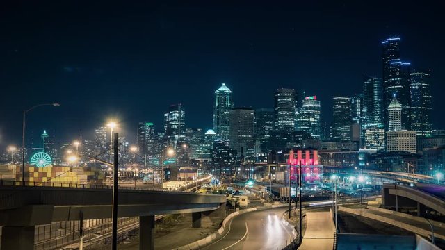 Colorful City Lights Background Time-Lapse Downtown Seattle, Washington