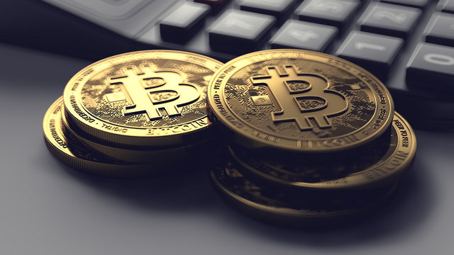 Piles of Bitcoin and calculator in blurry closeup. Fees and taxes on cryptocurrency investments. 3D rendering