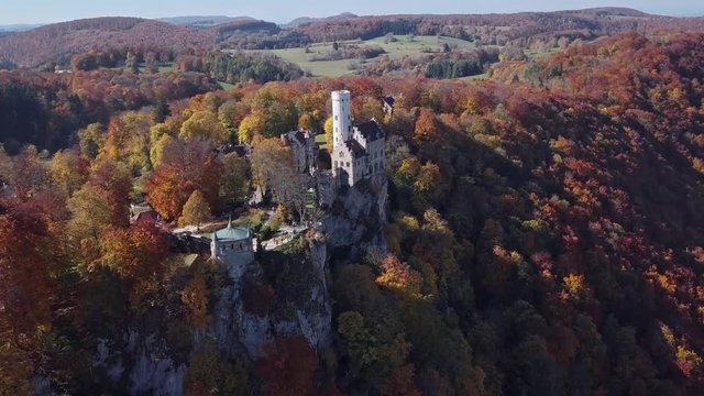 Flight around Lichtenstein Castle in the Swabian Jura, Baden-Wurttemberg, Germany.