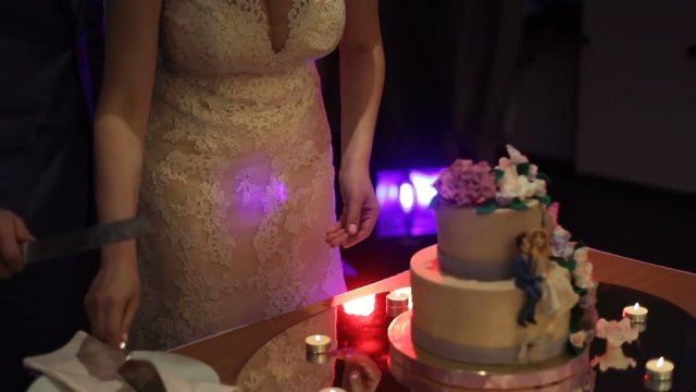 A bride and a groom is cutting their wedding cake