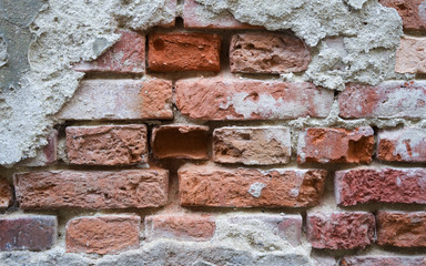 Masonry: Old solid brick wall with flushed joints and peeling plaster
