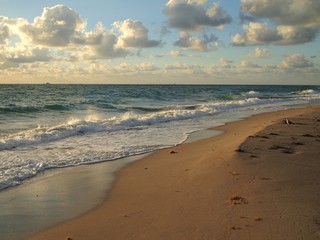 Coastal Calm. Gentle morning light, sculpted ledge from gentle surf, and smooth sand on waters edge with light reflection.