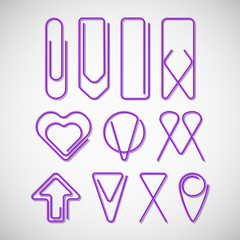 Purple paper clips - different of type paper clips collection on isolated white background