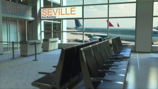 Seville flight boarding now in the airport terminal. Travelling to Spain conceptual intro animation, 3D rendering