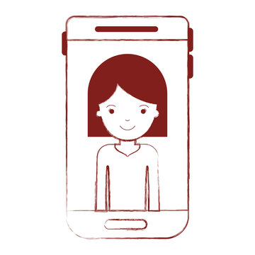 smartphone woman profile picture with hair middle length in dark red blurred silhouette vector illustration