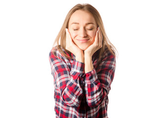 Woman in shirt smiling with closed eyes