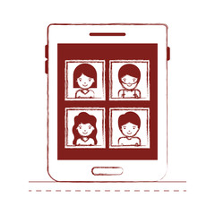people picture profiles social network in tablet device screen in dark red blurred silhouette vector illustration