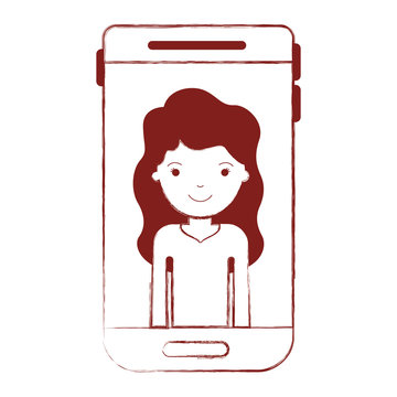 smartphone woman profile picture with long wavy hair in dark red blurred silhouette vector illustration