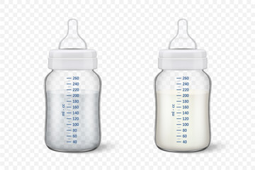 Realistic baby mother breast milk and water in two in baby milk bottles - icon set closeup isolated on transparency grid background. Sterile milk container design template, mockup for graphics