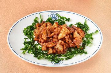 Sauteed sliced chicken with chili garnished with crispy vegetable