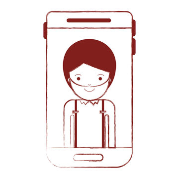 smartphone man profile picture with short hair and beard in dark red blurred silhouette vector illustration