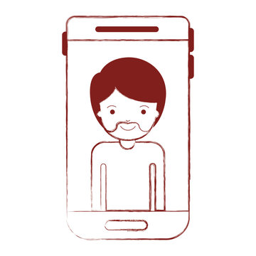 smartphone man profile picture with short hair and van dyke beard in dark red blurred silhouette vector illustration