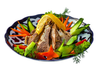 Lamb ribs with fried potatoes. Traditional Uzbek cuisine, Middle East, Asia. 