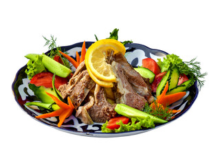 Lamb ribs with fried potatoes. Traditional Uzbek cuisine, Middle East, Asia. 